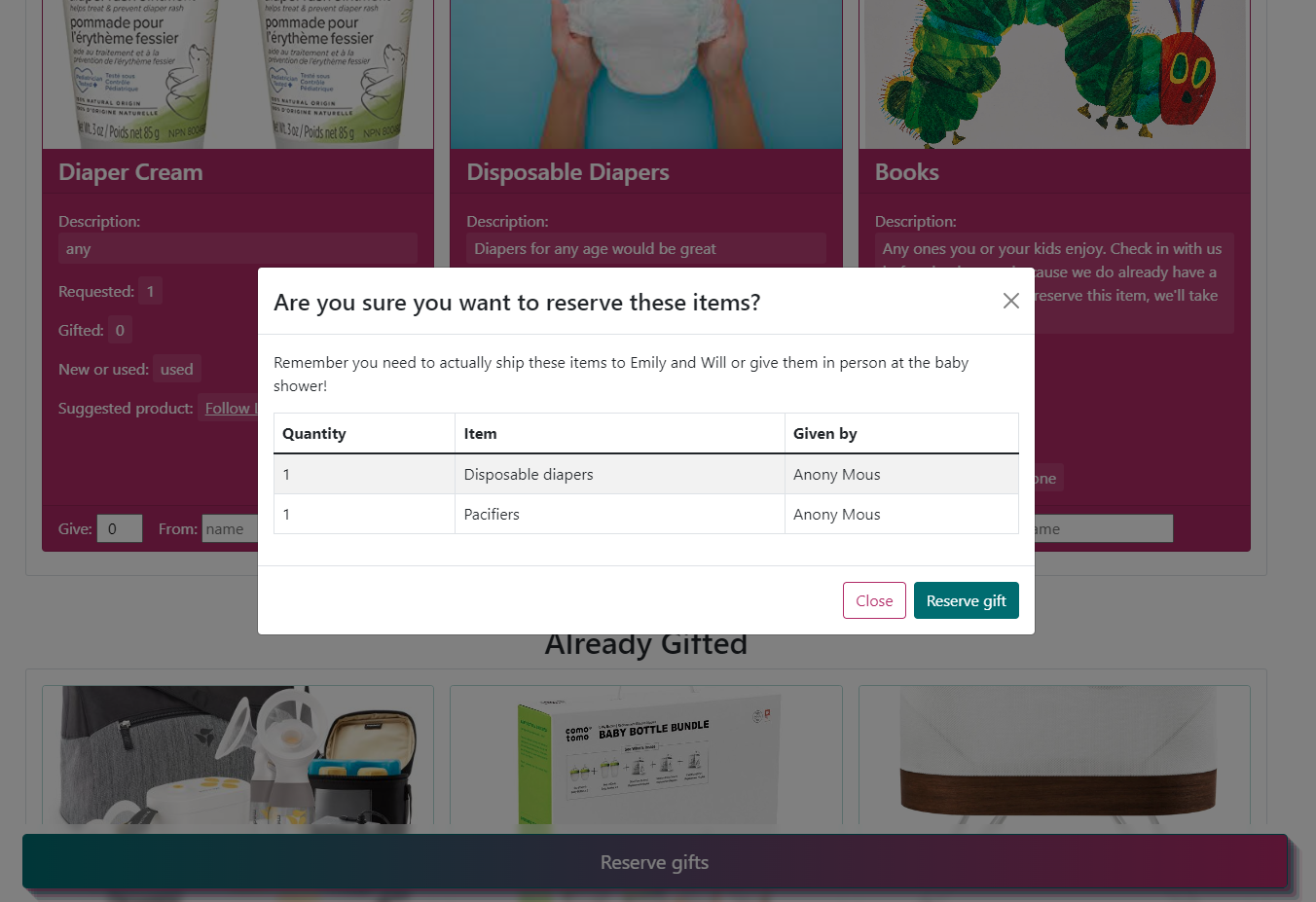 Confirmation modal for reserving baby registry items